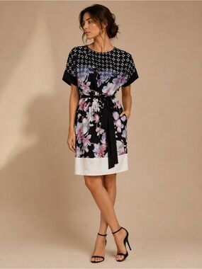 DKNYC Black Floral Tie-Waist Dress with White Hem Size Medium